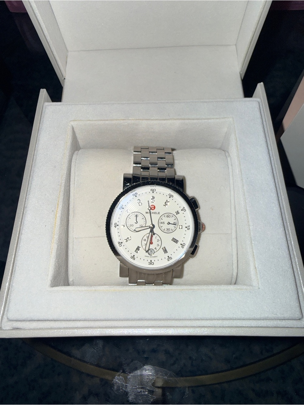 Michele Silver-Tone Chronograph Watch with White Dial